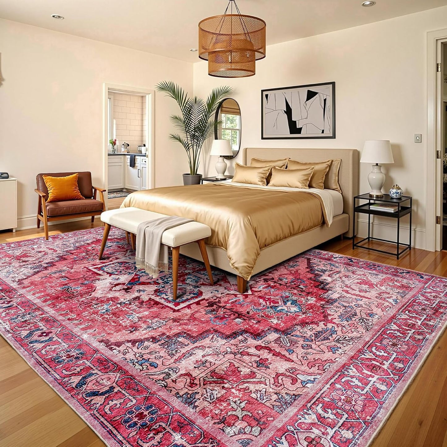 AMERLIFE 5'x8' Area Rug, Machine Washable Vintage Area Rug- Soft Carpet with Non-Slip Backing for Living Room, Bedroom, Nursery- Retro Red