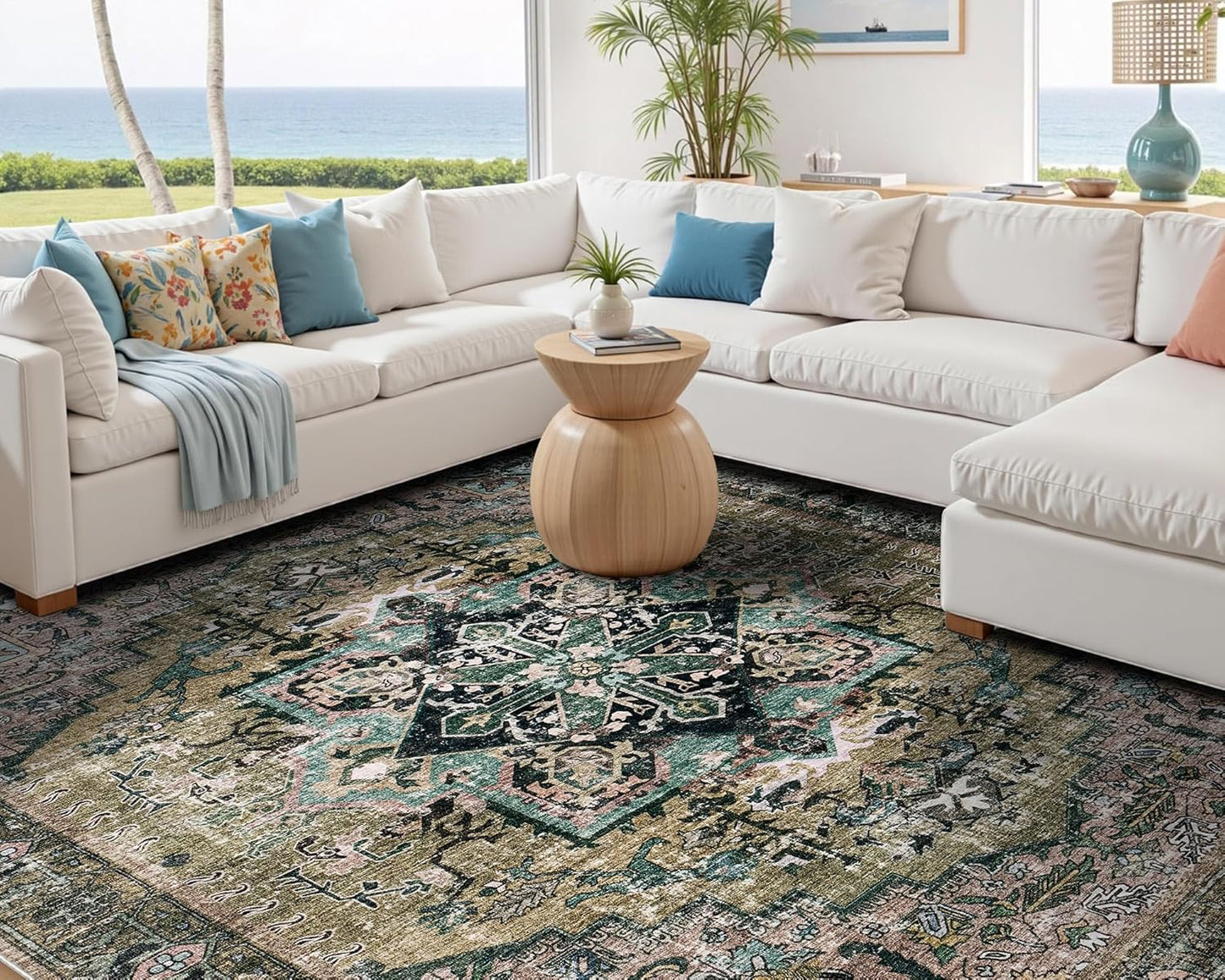 AMERLIFE 5'x8' Area Rug, Machine Washable Vintage Area Rug- Soft Carpet with Non-Slip Backing for Living Room, Bedroom, Nursery- Retro Red