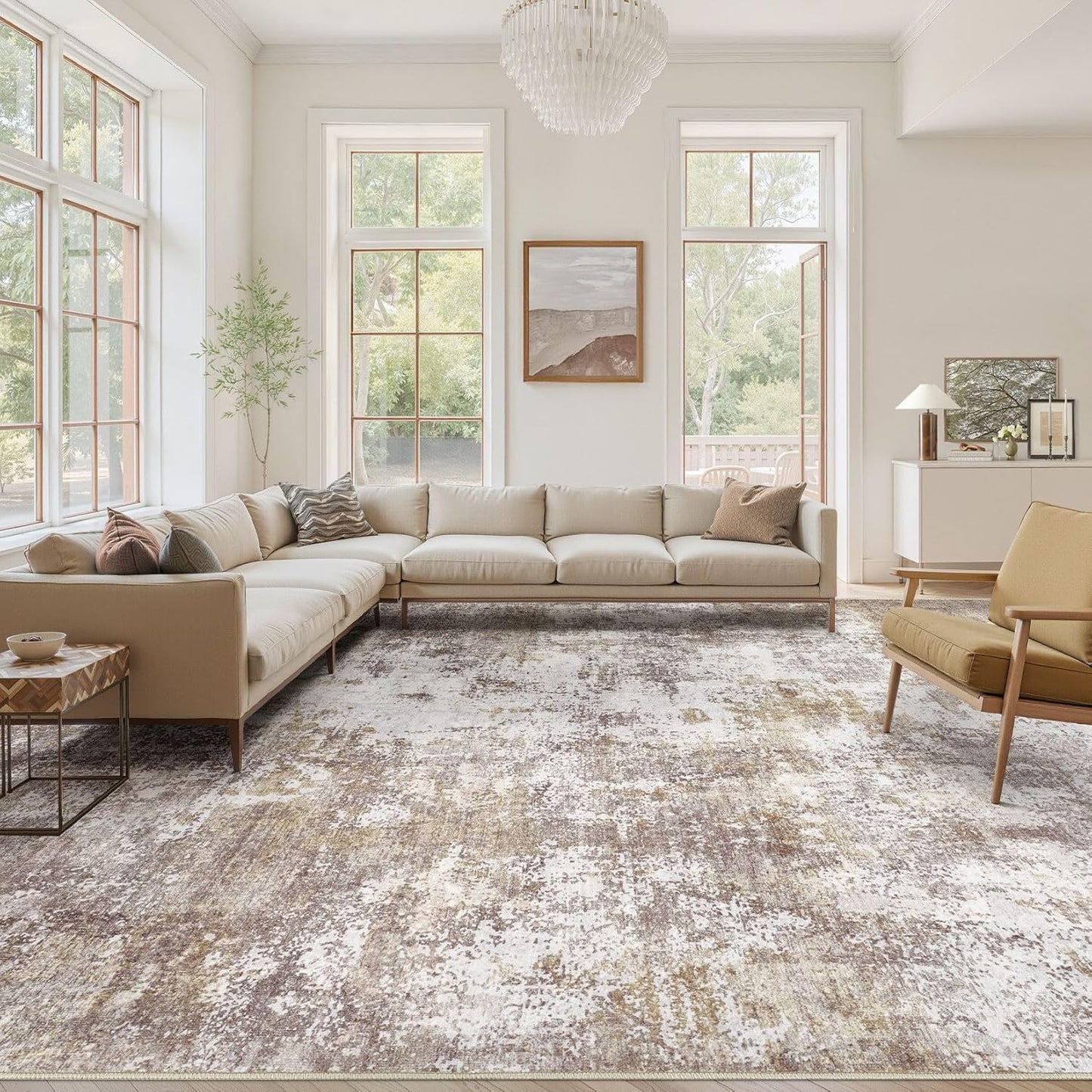 Washable 9X12 Area Rug: Modern Abstract Soft Non-Slip Indoor Rugs Home Decor - Low Pile Stain Resistant Foldable Carpet for Living Room Bedroom Dining Room Playroom Office(Brown,9'x12')
