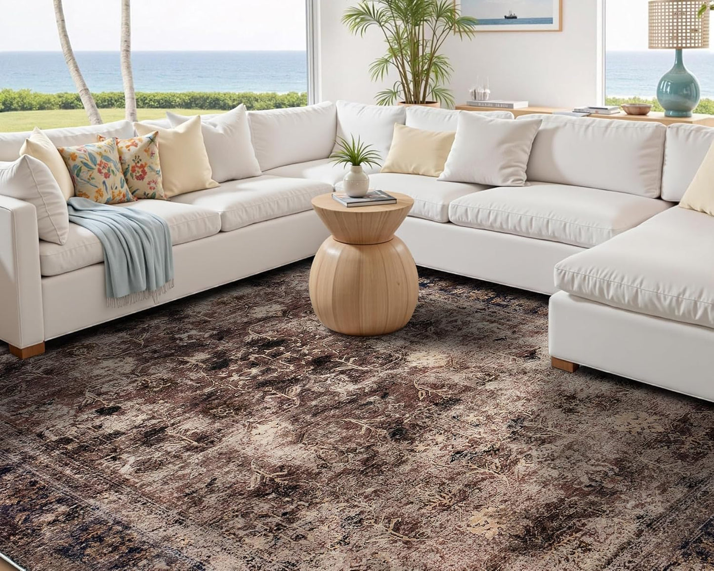 AMERLIFE 5'x8' Area Rug, Machine Washable Vintage Area Rug- Soft Carpet with Non-Slip Backing for Living Room, Bedroom, Nursery- Retro Red