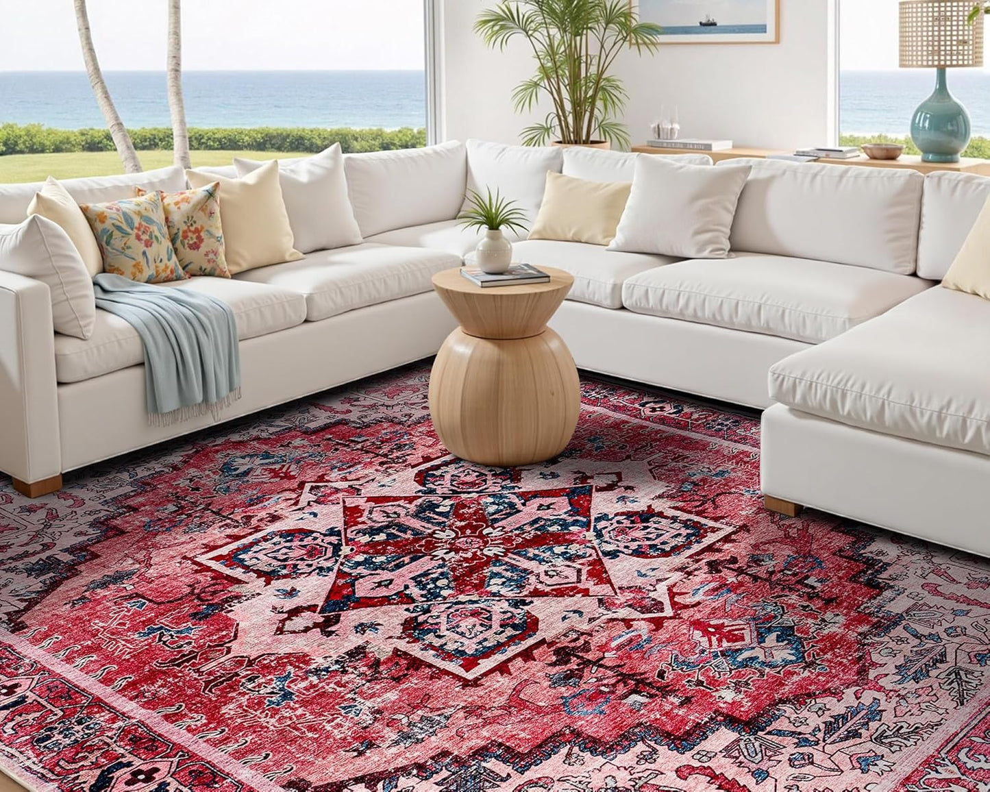 AMERLIFE 5'x8' Area Rug, Machine Washable Vintage Area Rug- Soft Carpet with Non-Slip Backing for Living Room, Bedroom, Nursery- Retro Red